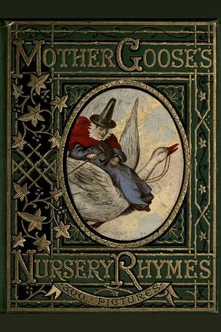 A green and gold binding showing Mother Goose flying on a goose.